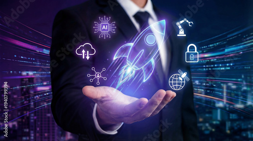 Hand holding glowing rocket with technology icons for digital startup