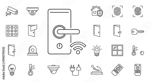 A collection of smart home security icons and symbols in a minimal line art style
