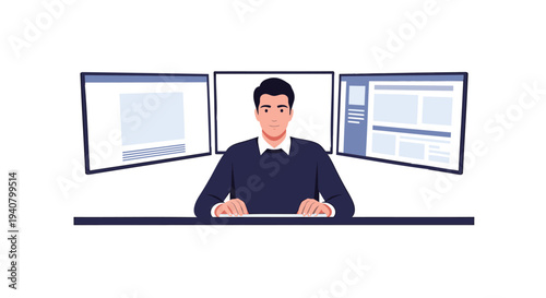 Vector illustration of a man sitting at a desk with three computer monitors