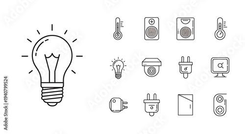 A set of minimalist icons representing electrical and electronic concepts, including a light bulb, thermometers, speakers, and power outlets.