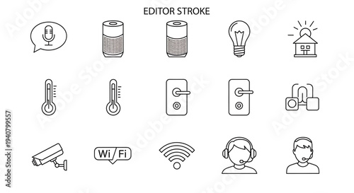 A set of modern line art icons representing various smart home and technology concepts