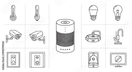 A collection of smart home devices and technology icons in a minimalist line art style