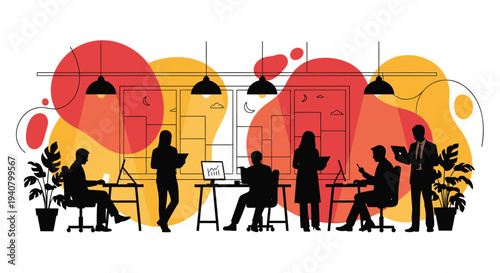 Set of office workers vector silhouettes in modern workspace