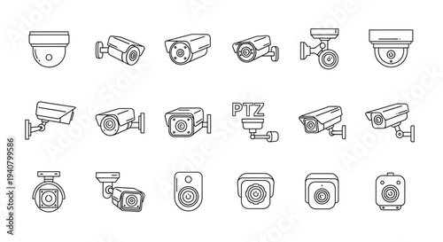 A set of line art security camera icons in various styles and designs for use in digital applications