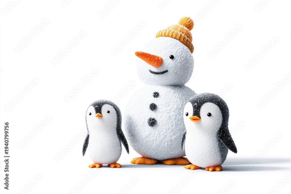 Fototapeta premium A snowman and two penguins on a white background, space for text. Space for text.