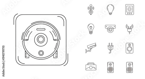 A set of minimalist icons representing smart home devices and technology