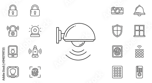 A set of security icons including a camera and various safety symbols in a flat, minimal design style.