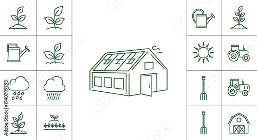 A set of green line art icons depicting various farm and gardening elements, including a barn with solar panels, plants, tools, and weather symbols.
