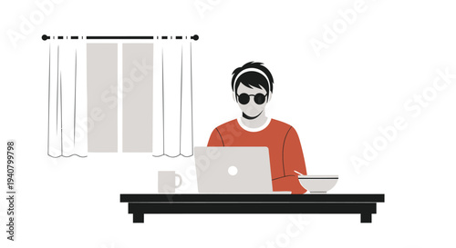 Vector illustration of a man working on laptop at desk