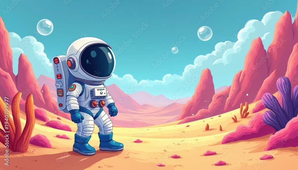 Fototapeta premium Cute cartoon astronaut explores alien desert planet with strange plants and pink rock formations under blue sky with clouds. Space traveler discovers new world, has fun on exoplanet adventure journey.