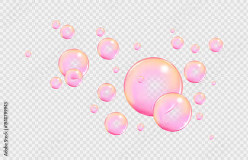 Fizzing air and water  pink  bubbles on white background with fizzy sparkles. 