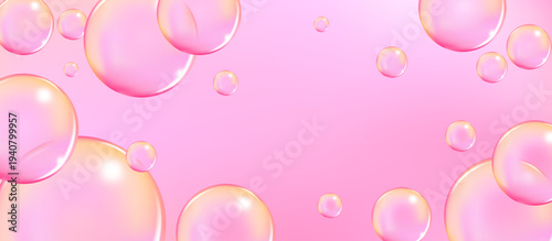 Fizzing air and water pink bubbles on white background with fizzy sparkles. 