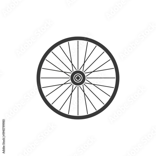 A monochrome vector illustration of a bicycle wheel with spokes against a white background