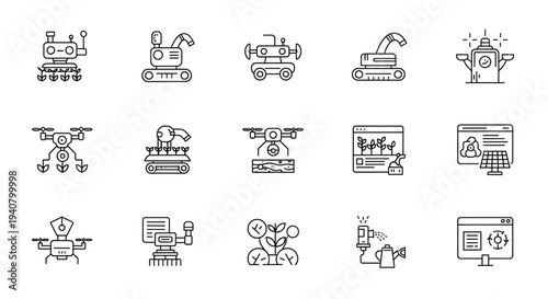 A set of industrial and technological vector icons featuring various machines and digital concepts
