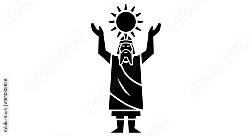 Man with Raised Hands under Sun Symbol.