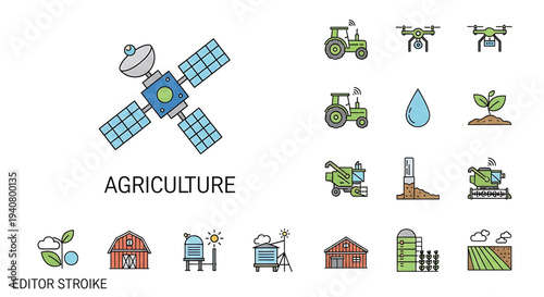 A colorful vector graphic illustration of agricultural icons and symbols, including tractors, drones, barns, and satellite imagery.
