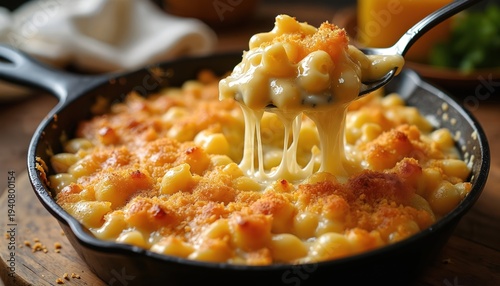 Creamy baked mac and cheese in cast iron pan with crunchy breadcrumb topping. Spoon lifts cheesy pasta showing gooey melt and bubbling edges. Rustic table setting perfect for comfort food.
