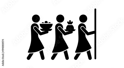 Three Women Carrying Food and Gifts.