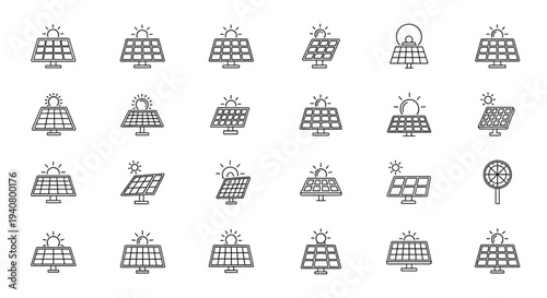 A set of solar panel icons in a flat, minimalist design style, representing renewable energy and sustainable power