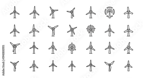A set of various wind turbine icons in a flat, minimalist line art style on a white background