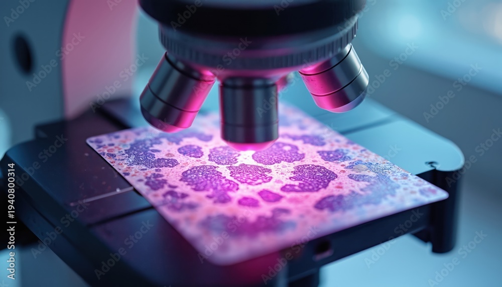 Fototapeta premium Microscope lens examines purple cellular structures on slide. Scientific research into disease, biology, lab analysis, and medical diagnostics under magnification.