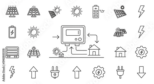 A set of vector icons illustrating renewable energy concepts and solar power generation