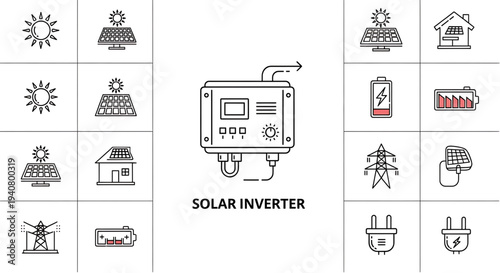 A vector graphic illustration of a solar inverter system with various icons representing renewable energy and power generation