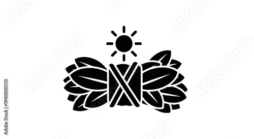Stylized Black Logo with Leaves and Sun.