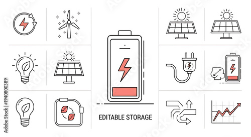 A set of modern vector icons illustrating renewable energy and battery charging concepts