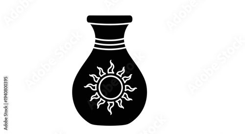 Black Vase with White Sun Design.