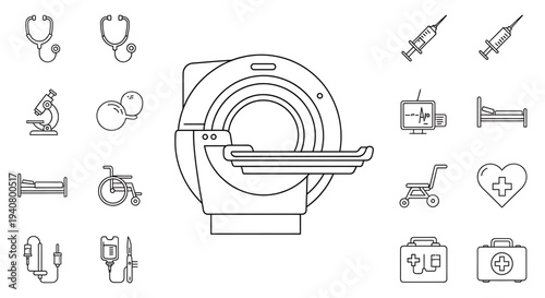 A set of medical icons including a MRI machine and various healthcare symbols