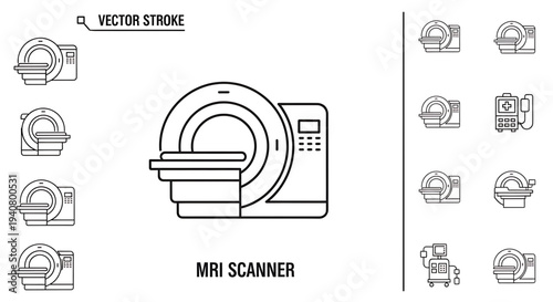 A set of vector icons depicting various views of an MRI scanner in a modern medical design style