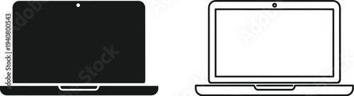 Laptop computer black and white line art isolated on transparent background, Vector