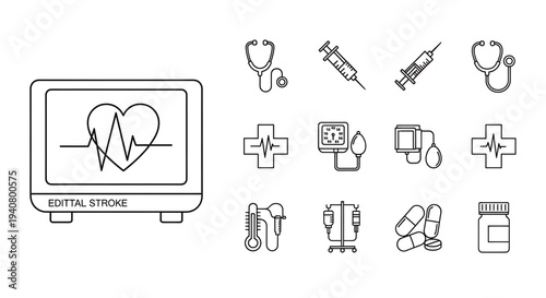 A set of medical icons and symbols in a flat line art style, including a heart rate monitor, stethoscope, syringe, and pills, used for healthcare and medical design