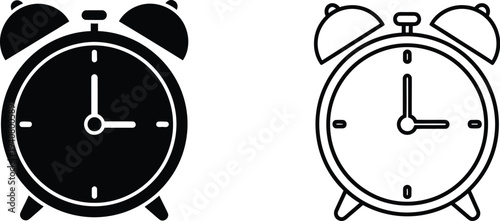 Black and white alarm clock icons isolated on transparent background, Vector