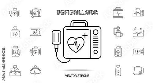 A vector graphic illustration of a defibrillator and various medical icons in a flat, minimalist design style.