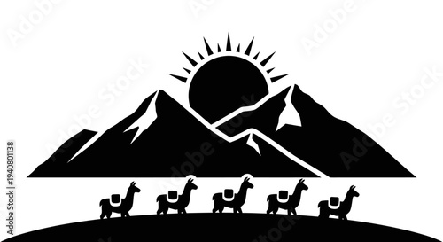 Camel Caravan Silhouette Against Mountains Landscape.