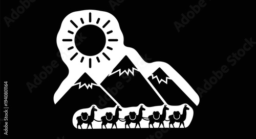Camel Caravan Silhouette with Mountains and Sun.