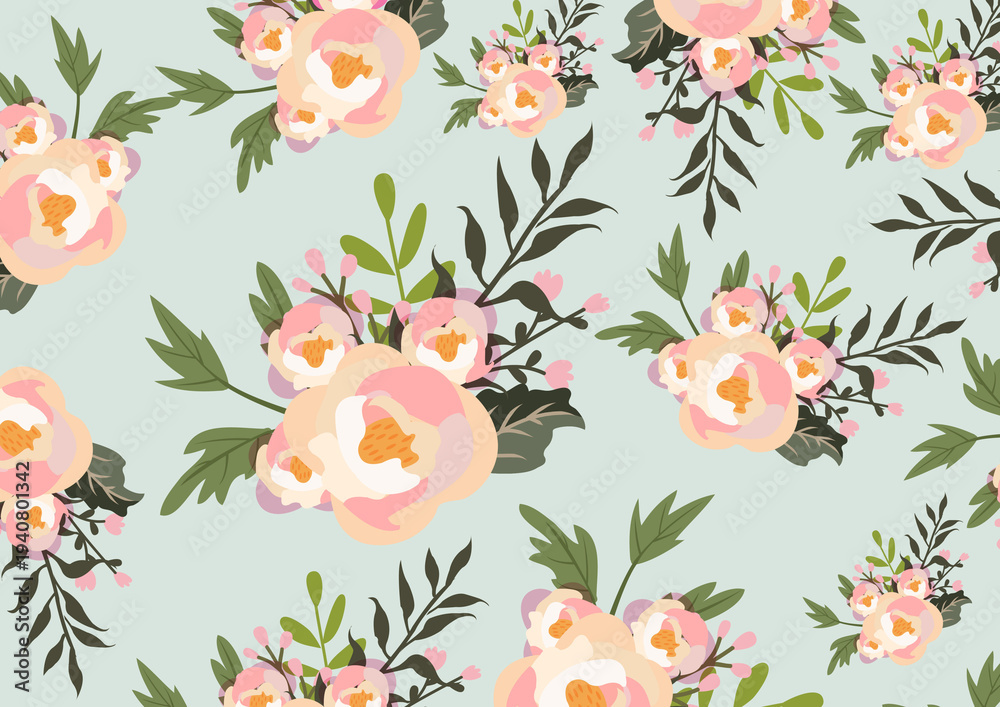 Obraz premium Vibrant tropical flower pattern with exotic hibiscus and palm leaves in a seamless repeat layout