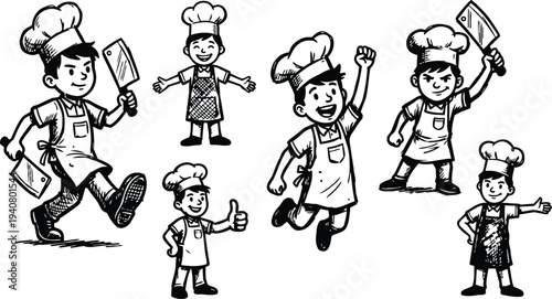Line art playful chef kids jumping running and posing with cleavers aprons and chef hats in dynamic cartoon sketch style