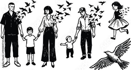 Line art close up families holding hands with birds emerging from torsos child running and flying bird dynamic composition calm