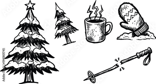 Hand drawn ink sketch winter icons snow covered christmas tree steaming mug mitten snapped ski pole isolated line art set