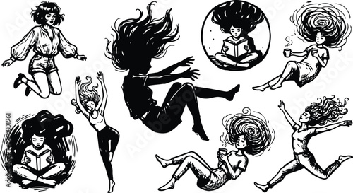 Ink wash vector set of floating women in various poses reading jumping drinking coffee with line art silhouettes