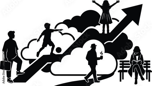 Silhouette vector growth arrow with child playing boy kicking ball girl cheering man walking coffee woman reading bench park path
