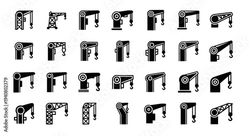 Collection of robotic arm icons in various designs and configurations displayed on a clean white background from a straightforward viewpoint
