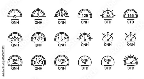 Collection of Aviation Icons and Symbols Representing Flight Data and Weather Conditions in a Grid Layout