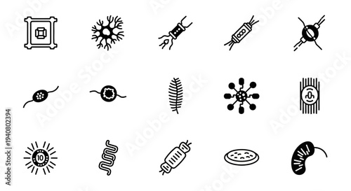 Various microorganisms and viruses illustrated in black and white icons on a clean background viewed from a straightforward perspective