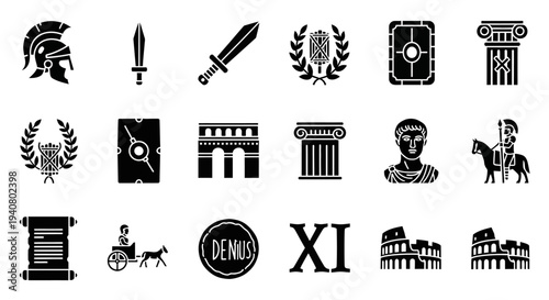 Collection of Ancient Greek Historical Symbols and Icons in Monochromatic Illustrations