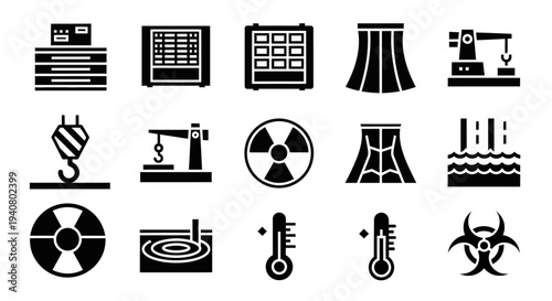 Collection of black icons representing various industrial and scientific concepts on a clean white background viewed from a straightforward perspective