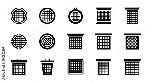 Collection of various trash can icons in different shapes and designs displayed on a white background from a straightforward viewpoint